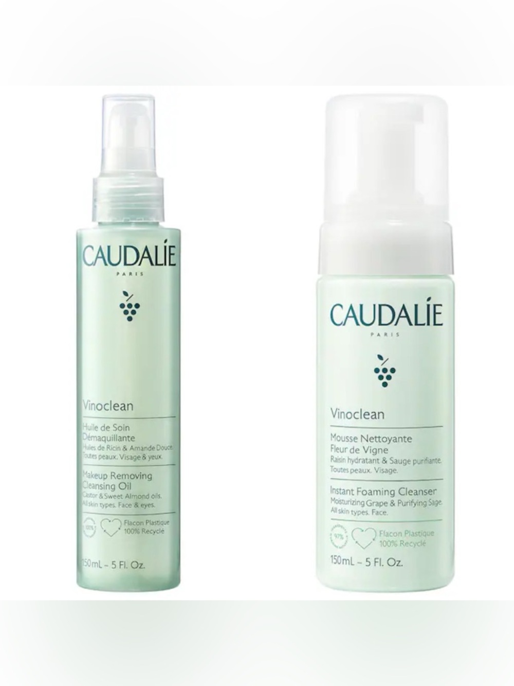 New Caudalie BUNDLE Vinoclean Instant Foaming Cleanser & Cleansing Oil